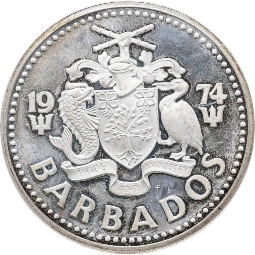 Барбадос 10 долларов (dollars) 1974  Нептун серебро, реверс