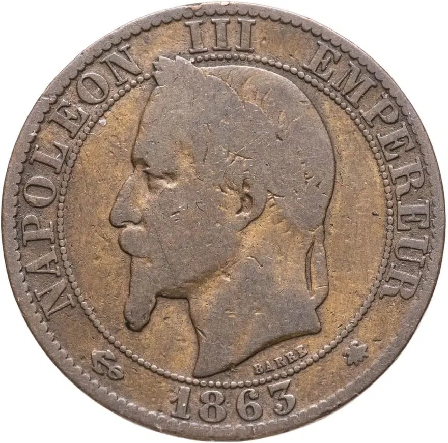 Франция 5 сантимов (centimes) 1863 A  знак монетного двора: "A" - Париж, аверс