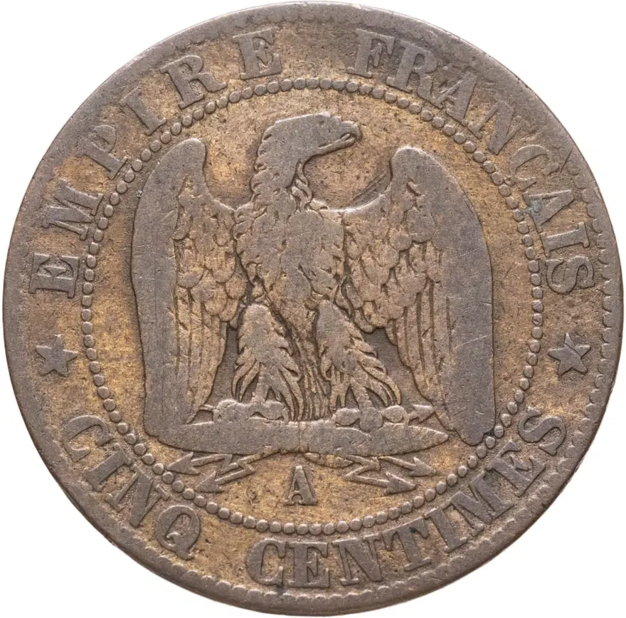 Франция 5 сантимов (centimes) 1863 A  знак монетного двора: "A" - Париж, реверс