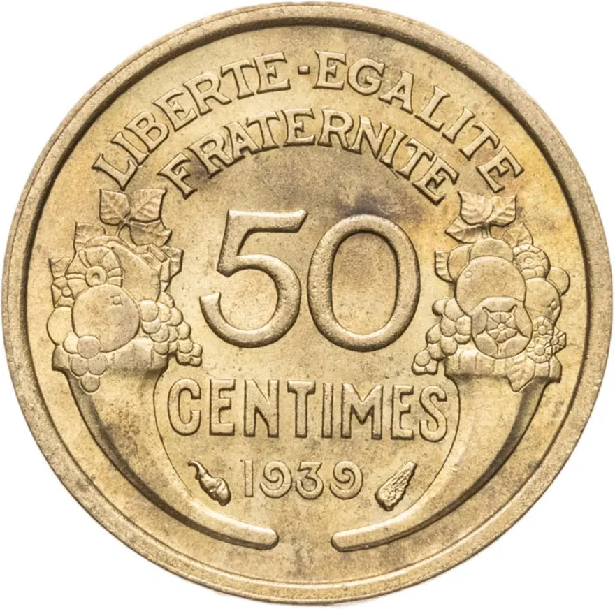 Франция 50 сантимов (centimes) 1939   Без отметки монетного двора - Париж, аверс