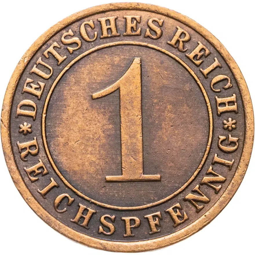 Германия 1 рейхспфенниг (reichspfennig) 1927 F  знак монетного двора "F" — Штутгарт