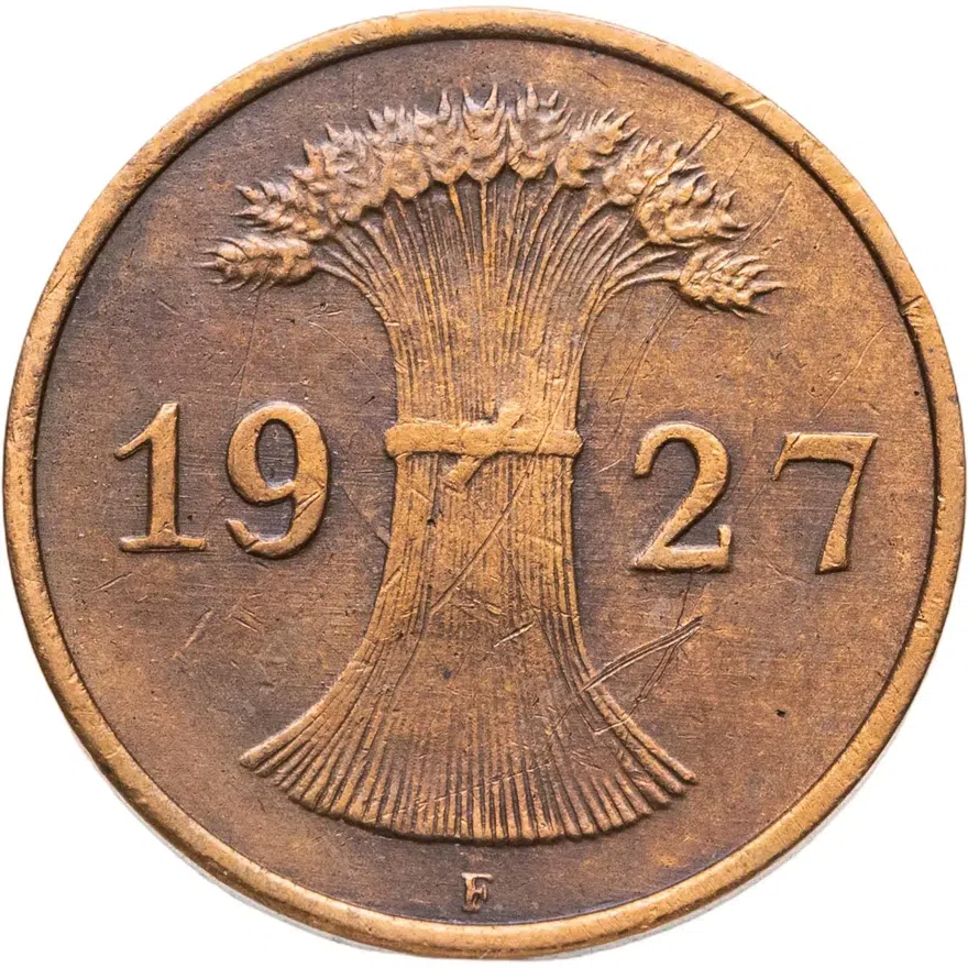 Германия 1 рейхспфенниг (reichspfennig) 1927 F  знак монетного двора "F" — Штутгарт, реверс