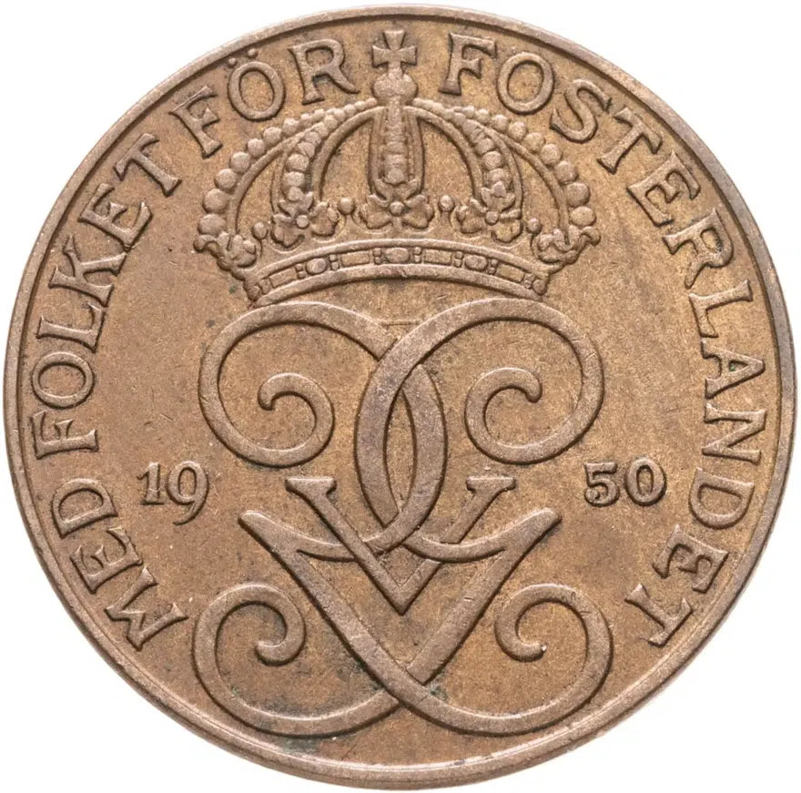 Швеция 5 эре (ore) 1950  бронза (коричневый цвет), аверс