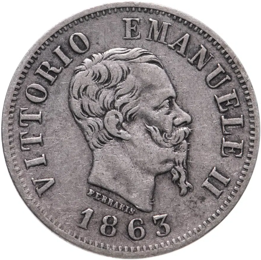 Италия 50 чентезимо (centesimi) 1863 T Номинал на реверсе знак монетного двора: "T" - Турин