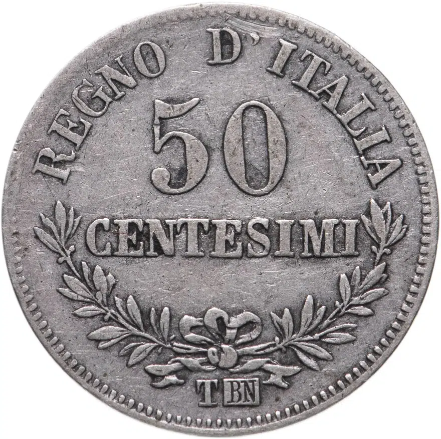 Италия 50 чентезимо (centesimi) 1863 T Номинал на реверсе знак монетного двора: "T" - Турин, реверс