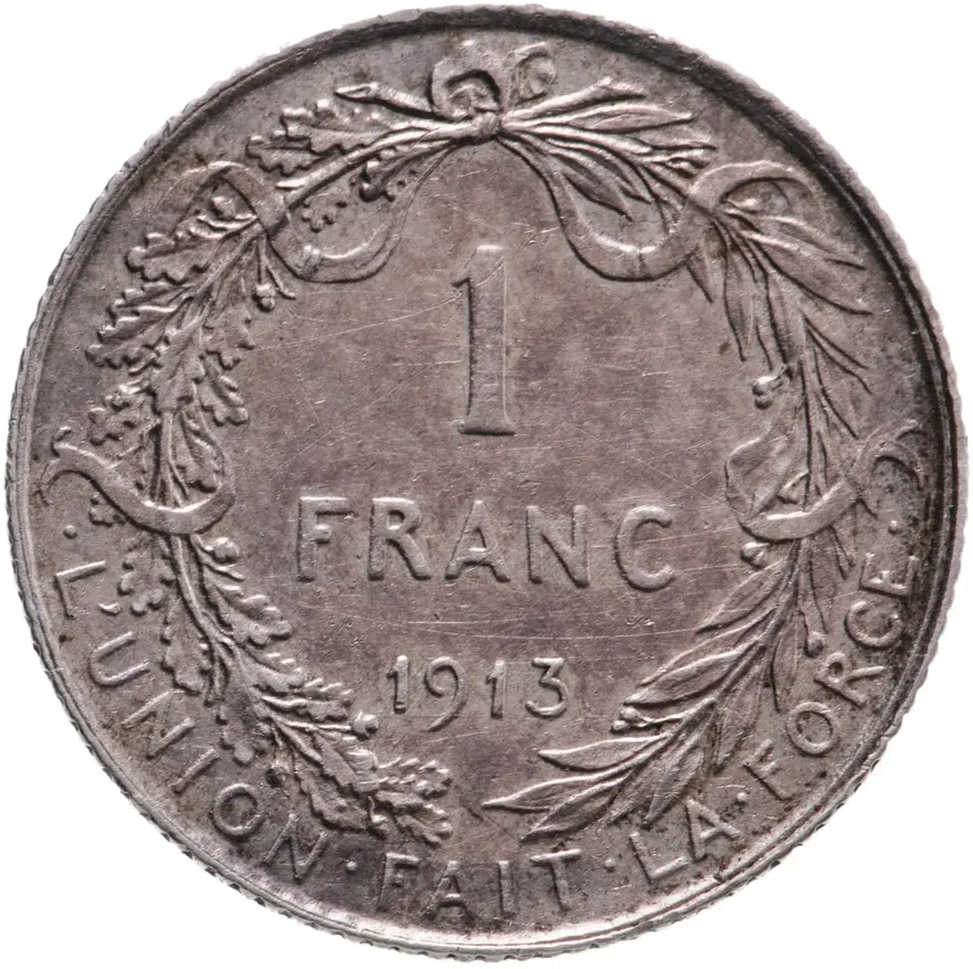 Бельгия 1 франк (franc) 1913   надпись на французском - "ALBERT ROI DES BELGES"