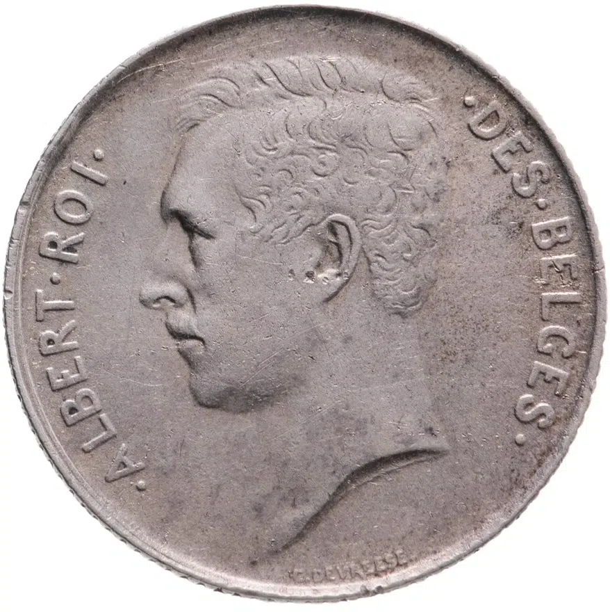 Бельгия 1 франк (franc) 1913   надпись на французском - "ALBERT ROI DES BELGES", реверс