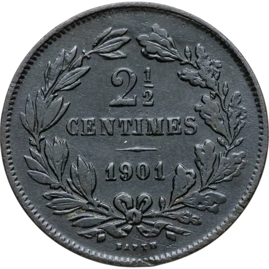 Люксембург 2 1/2 сантима (centimes) 1901   Надпись "BAPTH" на реверсе, реверс