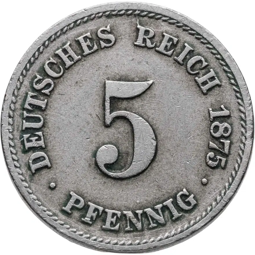 Германия 5 пфеннигов (pfennig) 1875 G  знак монетного двора: "G" - Карлсруэ