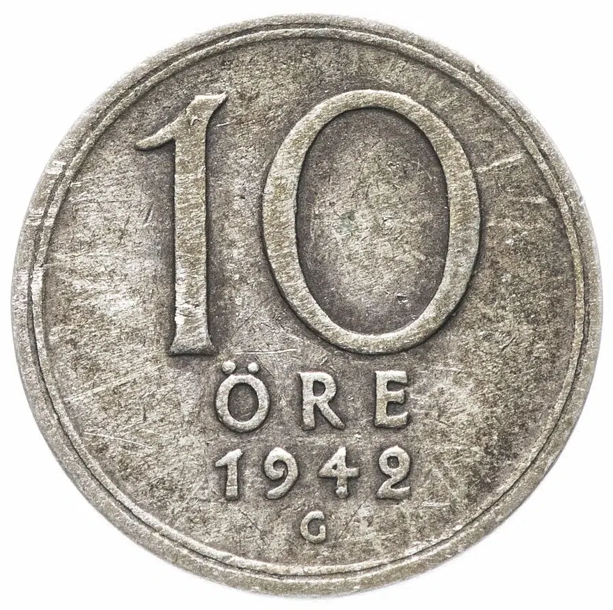 Швеция 10 эре (ore) 1942 Корона и надпись "SVERIGE" на аверсе, реверс