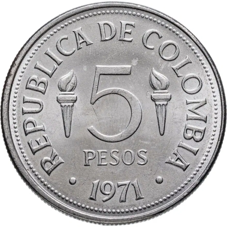 Колумбия 5 песо (pesos) 1971  6-е Панамериканские игры, Кали 1971, аверс