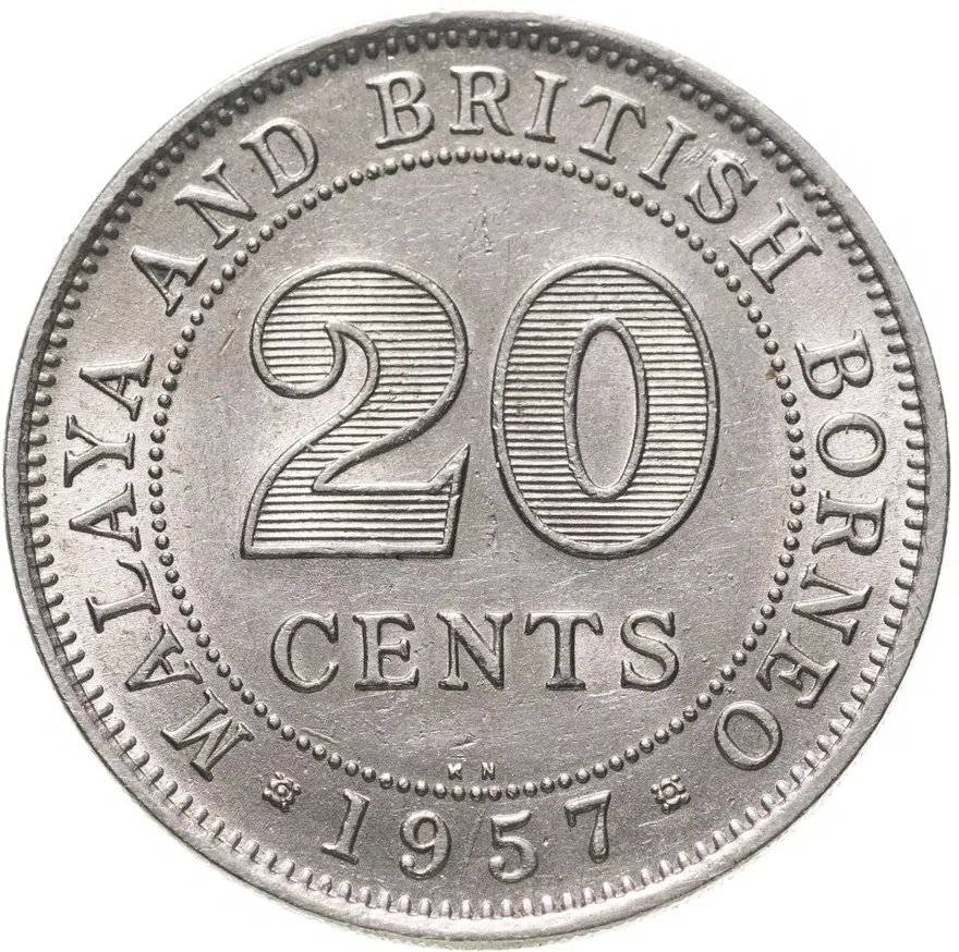 Малайя и Британское Борнео 20 центов (cents) 1957 KN  знак монетного двора "KN" - Кингз Нортон, Бирмингем