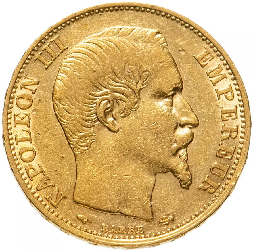 Франция 20 франков (francs) 1859 A  знак монетного двора: "A" - Париж, аверс