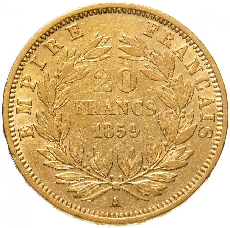 Франция 20 франков (francs) 1859 A  знак монетного двора: "A" - Париж, реверс