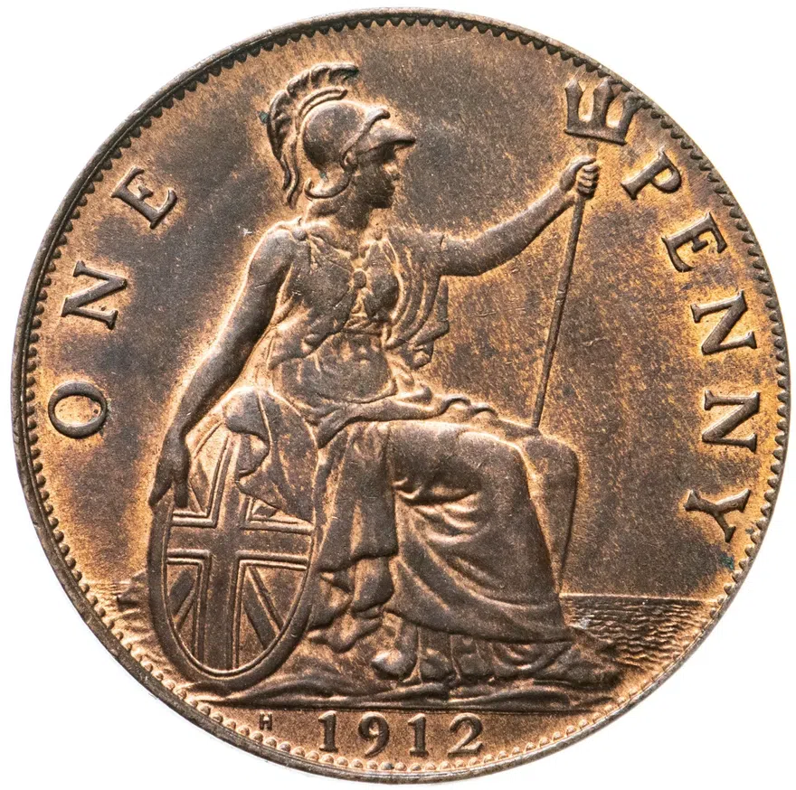 Великобритания 1 пенни (penny) 1912 H  знак монетного двора: "H" - Хитон, Бирмингем, реверс