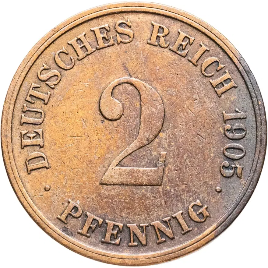 Германия 2 пфеннига (pfennig) 1905 G  знак монетного двора: "G" - Карлсруэ, аверс