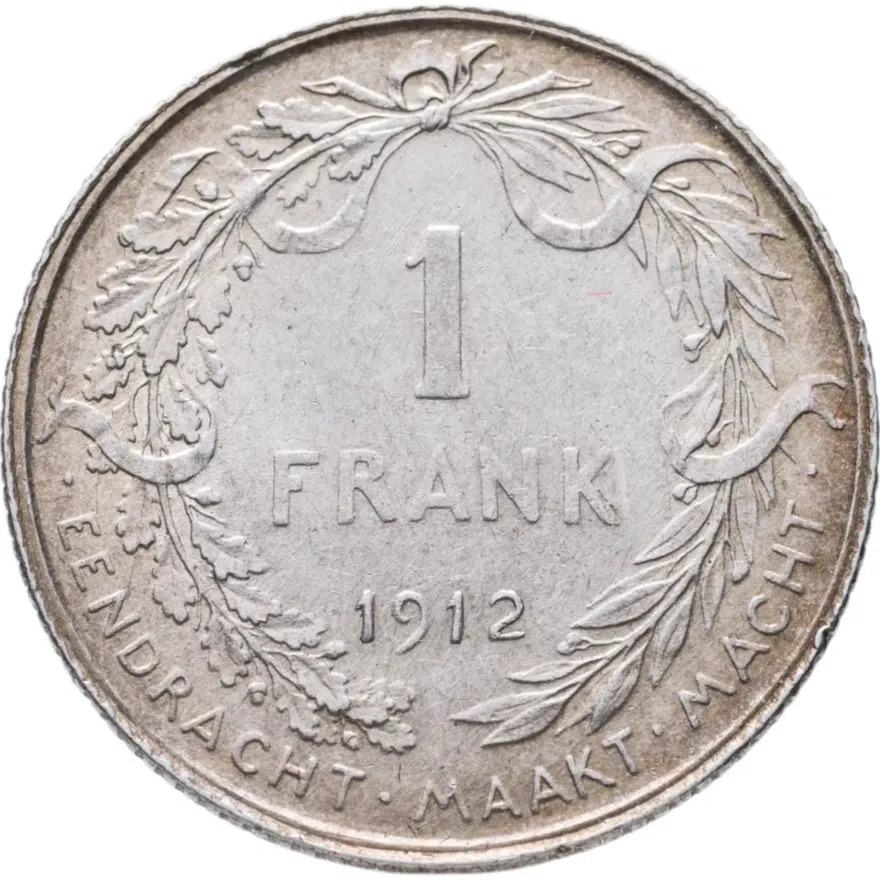 Бельгия 1 франк (franc) 1912  Надпись на голландском - 'ALBERT KONING DER BELGEN'