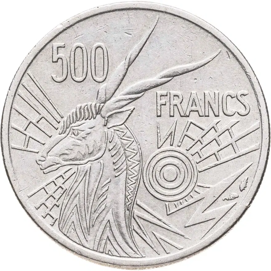 Центральная Африка (BEAC) 500 франков (francs) 1976   Отметка на реверсе "C" - Республика Конго, реверс