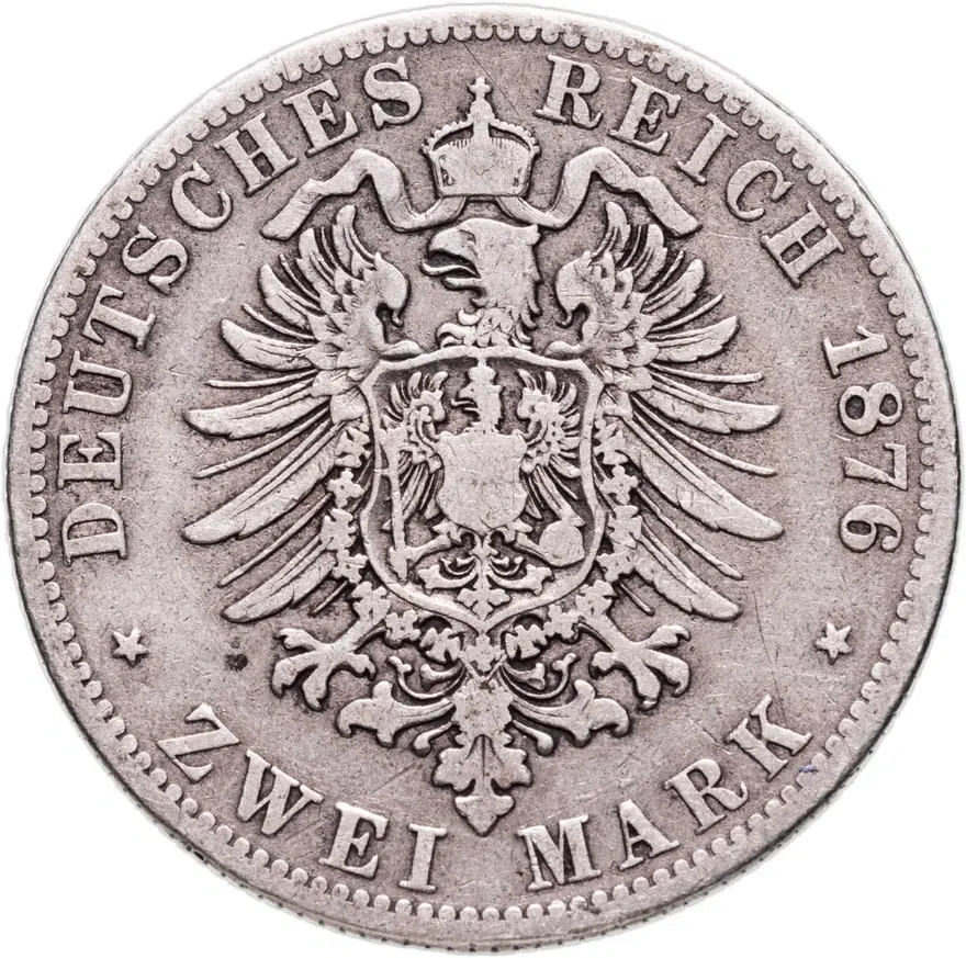 Германия (Империя) 2 марки (mark) 1876 B  знак монетного двора: "B" - Ганновер