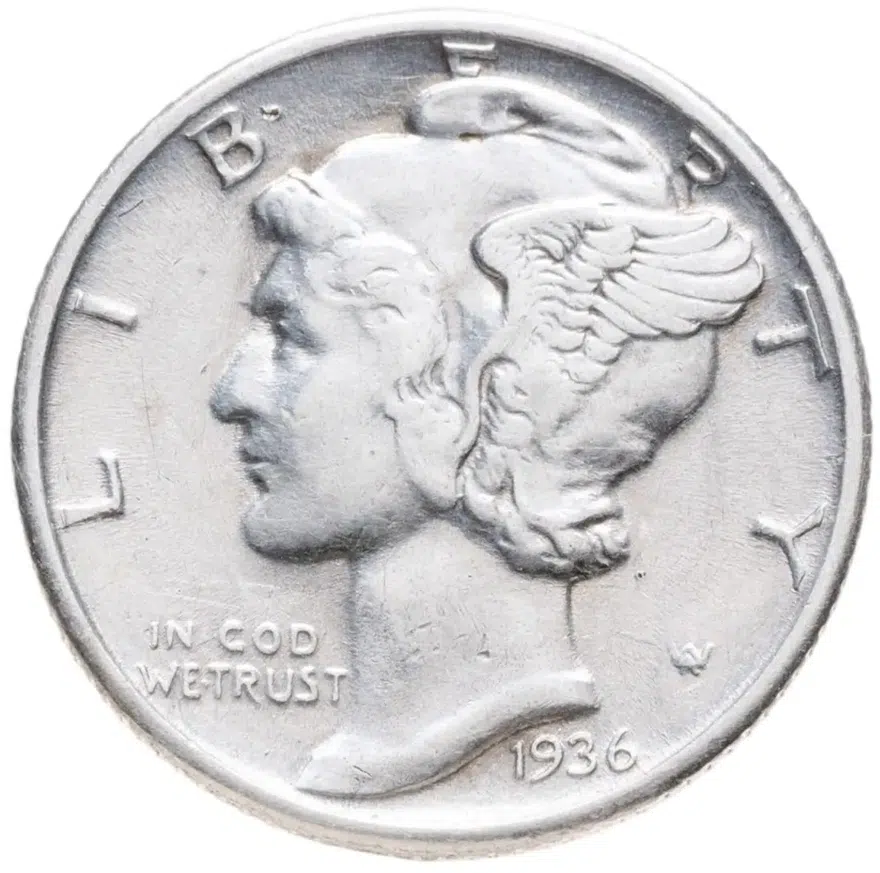 США 10 центов (дайм, one dime) 1936 Mercury Dime без отметки монетного двора