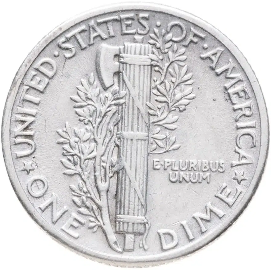 США 10 центов (дайм, one dime) 1936 Mercury Dime без отметки монетного двора, реверс