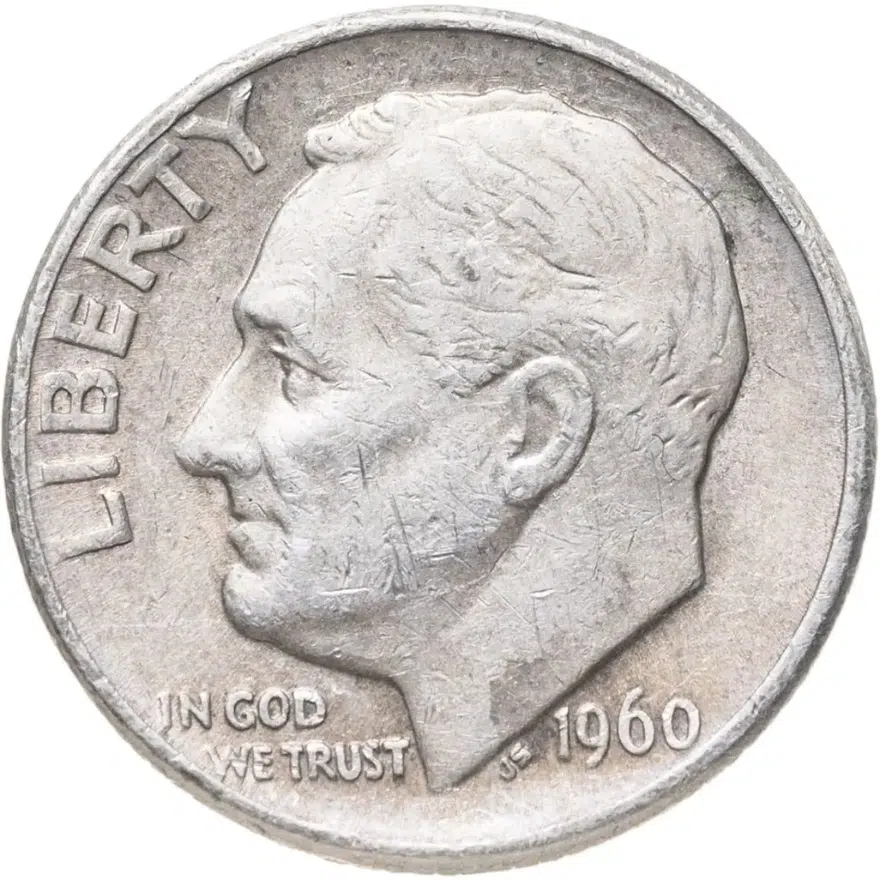 США 10 центов (дайм, one dime) 1960 D Silver Roosevelt Dime (Рузвельт) знак монетного двора "D" - Денвер, аверс