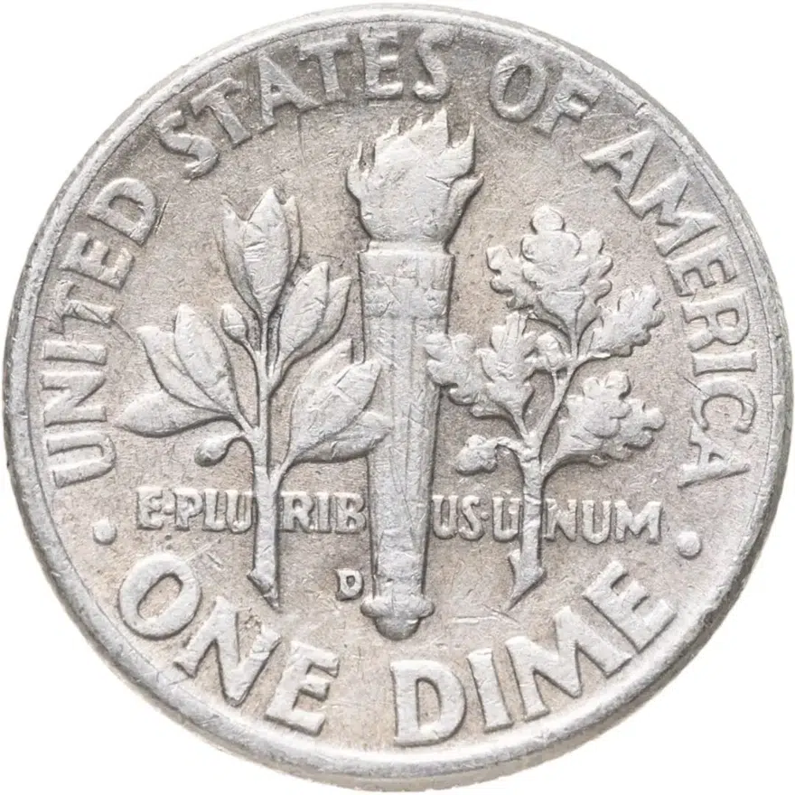 США 10 центов (дайм, one dime) 1960 D Silver Roosevelt Dime (Рузвельт) знак монетного двора "D" - Денвер, реверс