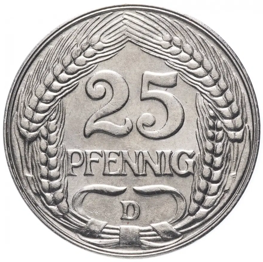 Германия 25 пфеннигов (pfennig) 1909 D, аверс