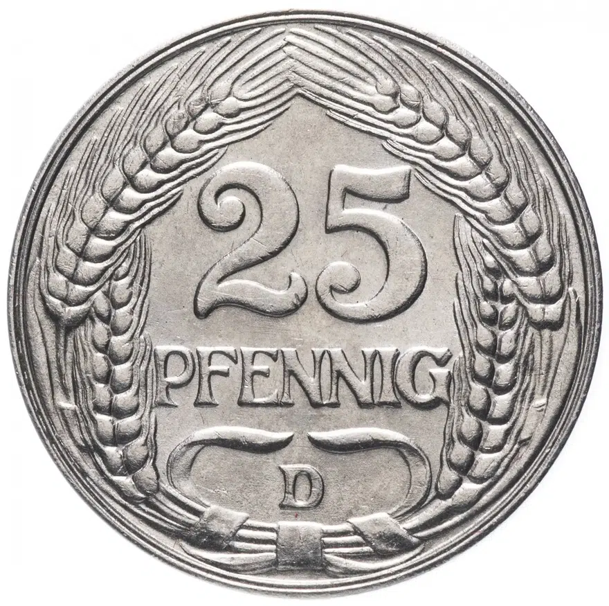 Германия 25 пфеннигов (pfennig) 1909 D, реверс