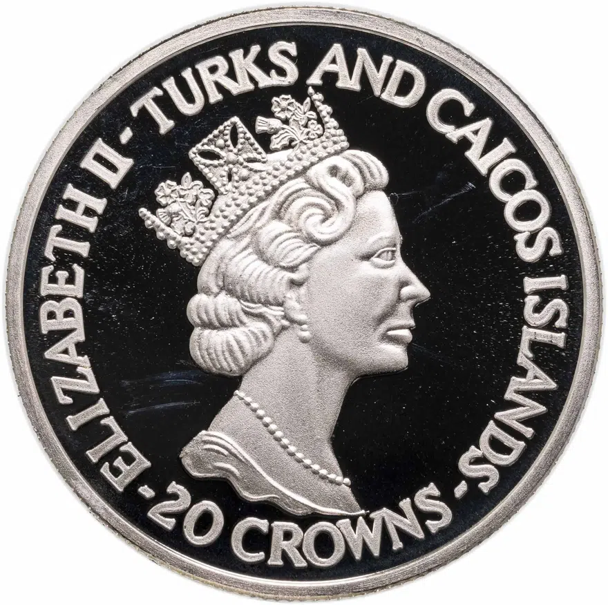 Тёркс и Кайкос 20 крон (crowns) 1993  40 лет коронации Королевы Елизаветы II, реверс