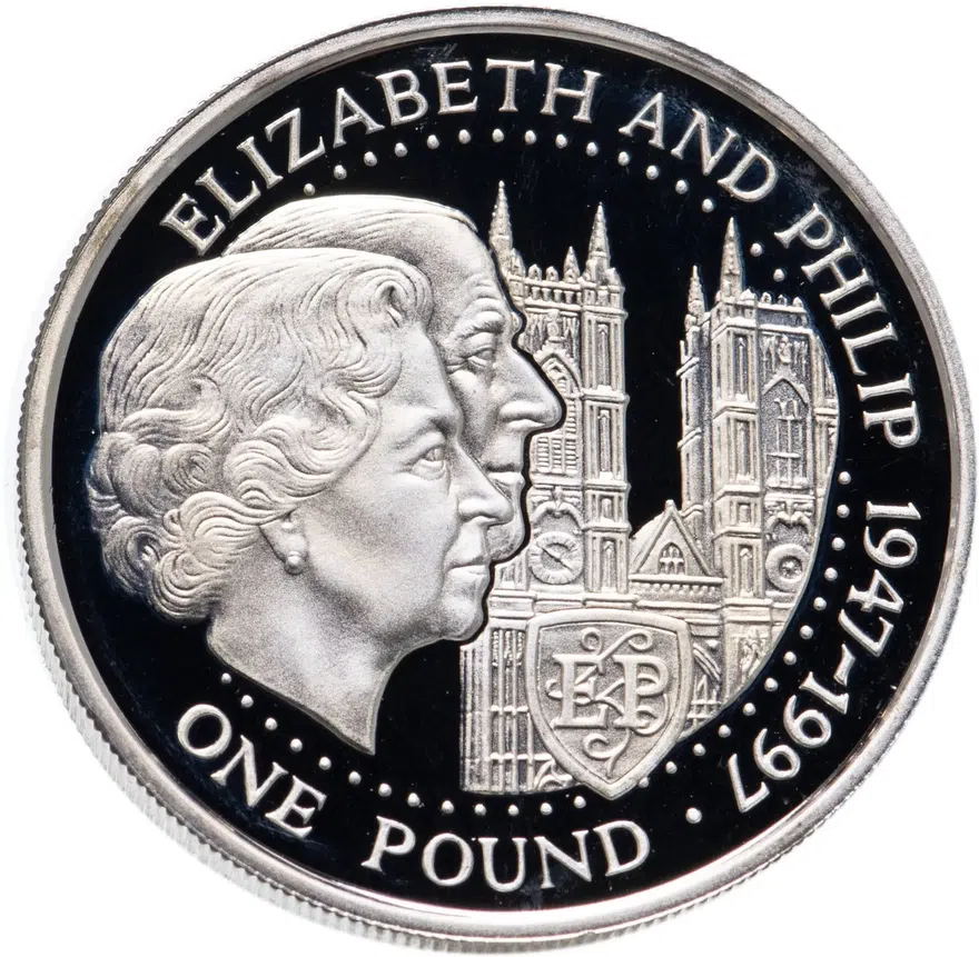 Гернси 1 фунт (pound) 1997  50 лет со дня свадьбы Королевы Елизаветы II и принца Филиппа
