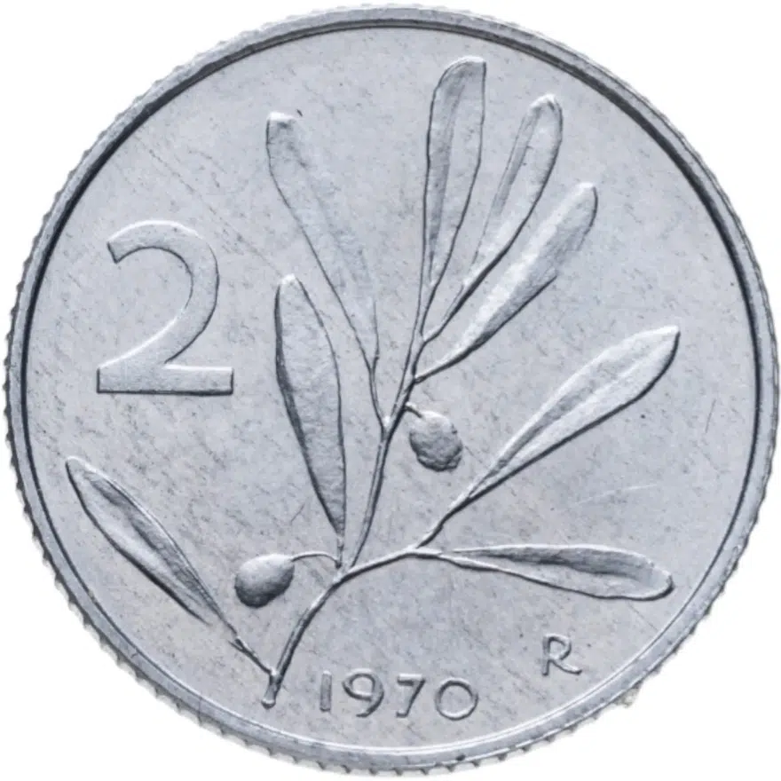 Италия 2 лиры (lire) 1970, реверс