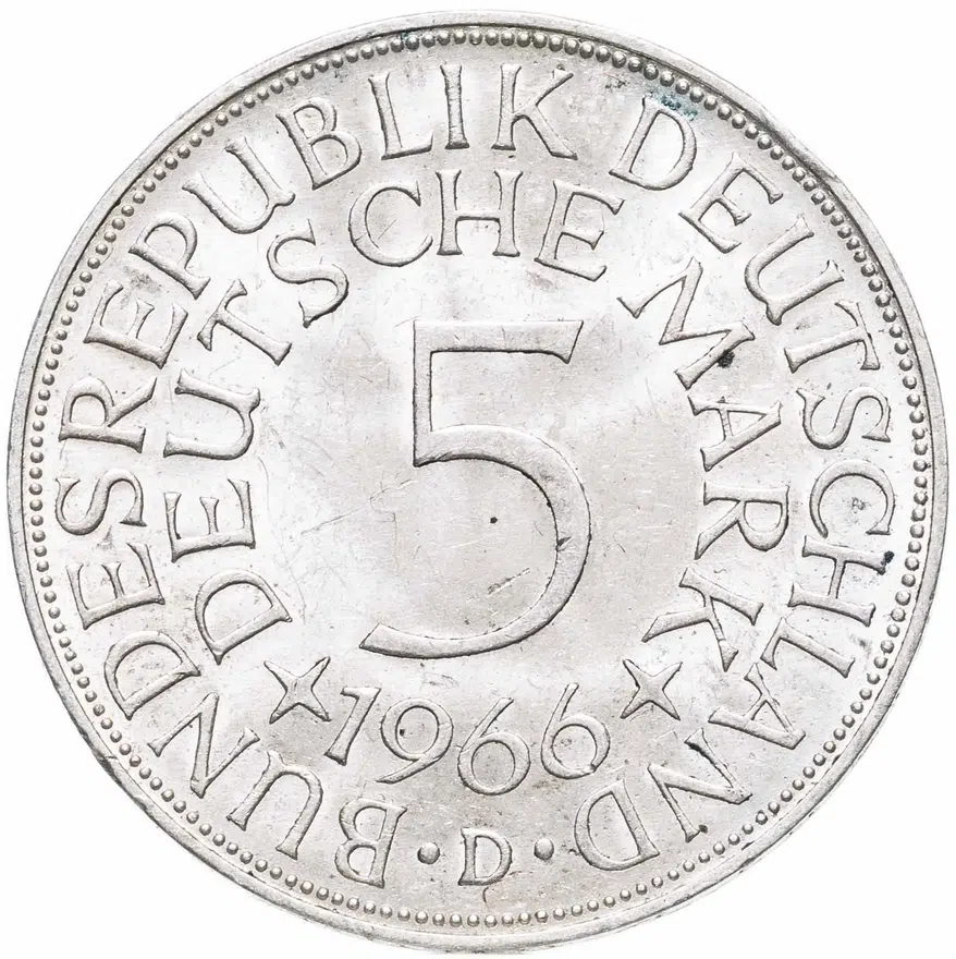 Германия 5 марок (deutsche mark) 1966 D  знак монетного двора: "D" - Мюнхен
