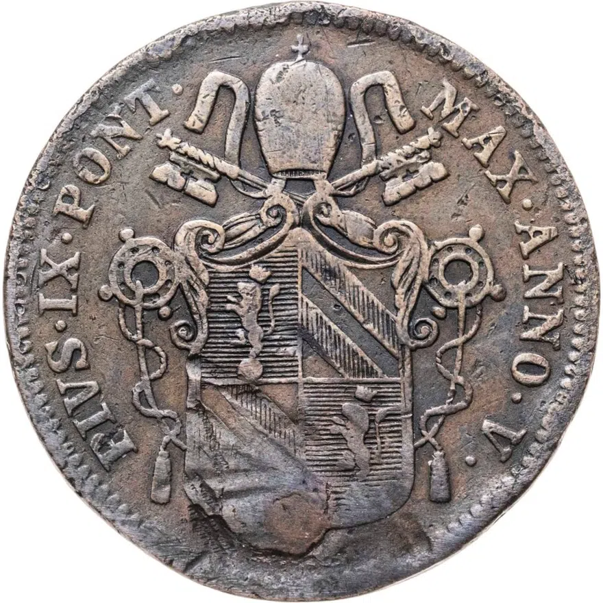 Папская область 1 байокко (baiocco) 1850   V на аверсе, знак монетного двора на реверсе: "R" - Рим