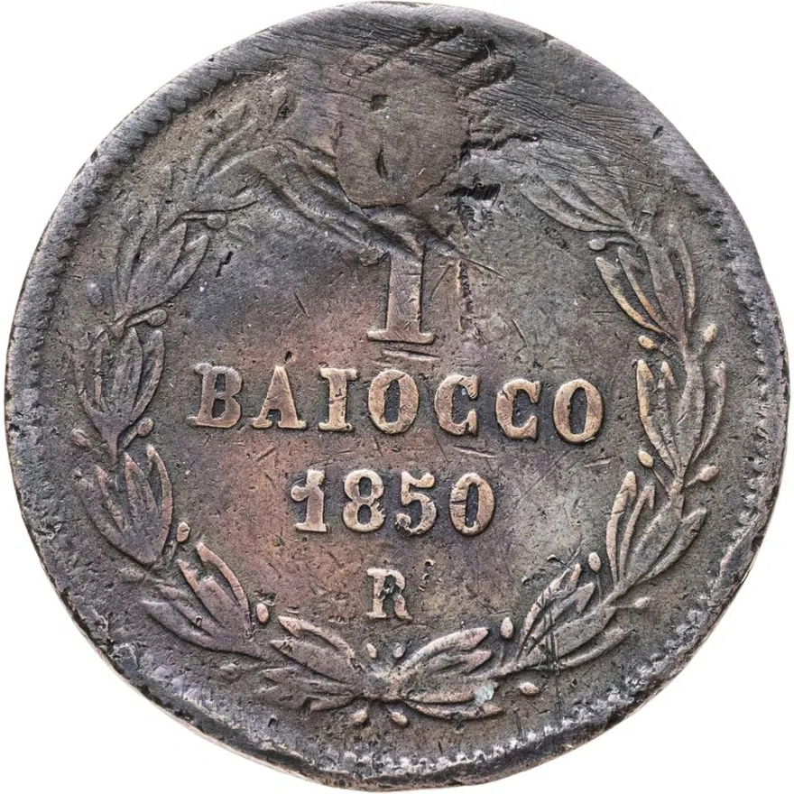 Папская область 1 байокко (baiocco) 1850   V на аверсе, знак монетного двора на реверсе: "R" - Рим, реверс