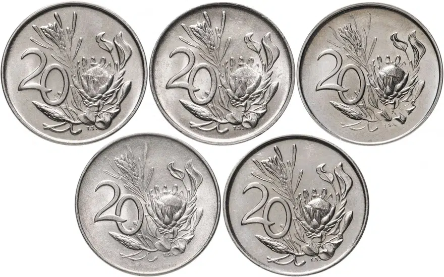 ЮАР набор из 6 монет 20 центов (cents) 1966-1981, аверс
