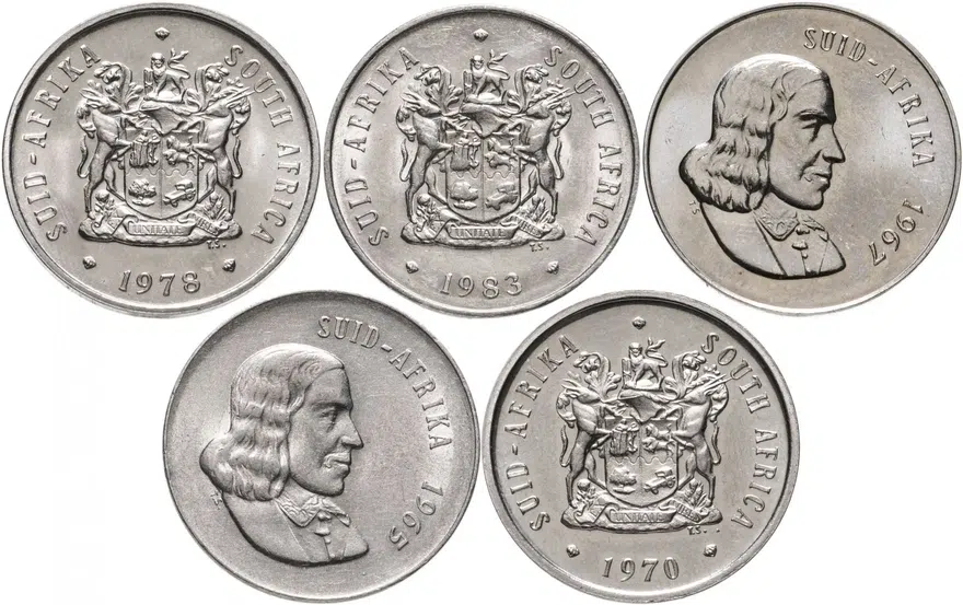 ЮАР набор из 6 монет 20 центов (cents) 1966-1981, реверс