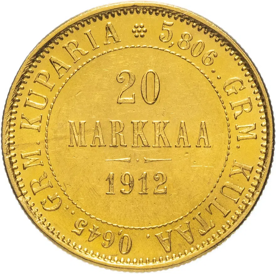 20 марок (markkaa) 1912 монета для Финляндии, реверс