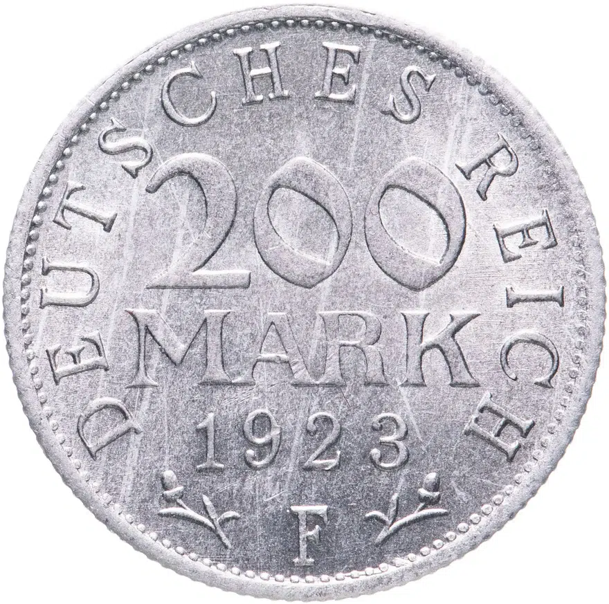 Германия 200 марок (mark) 1923 F  знак монетного двора "F" — Штутгарт, аверс