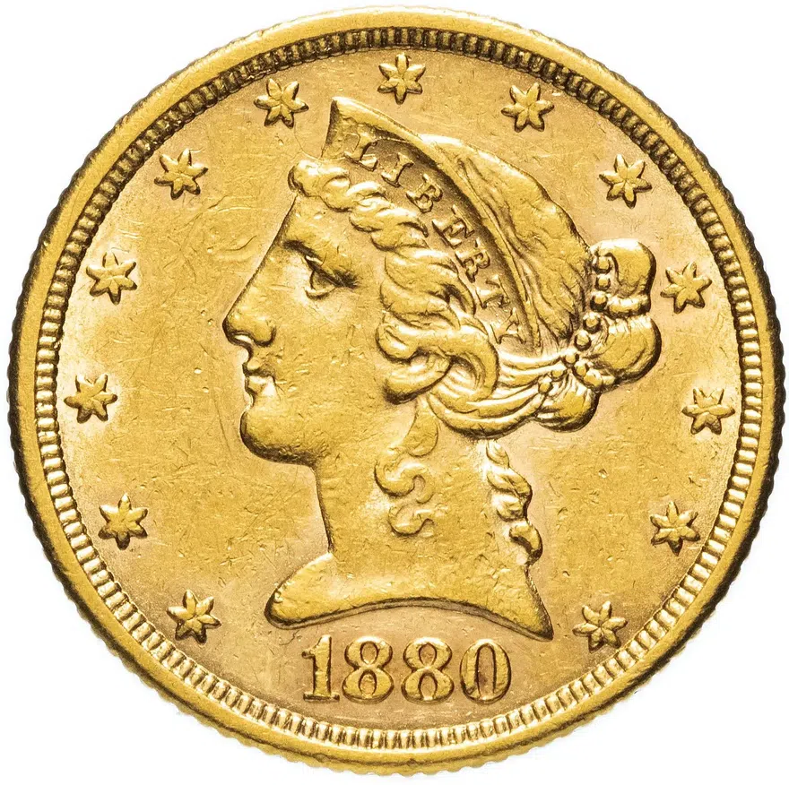США 5 долларов (dollars) 1880 "Половина орла" Без отметки монетного двора