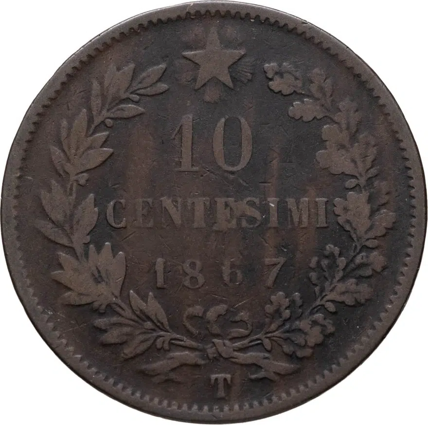 Италия 10 чентезимо (centesimi) 1867 T, реверс
