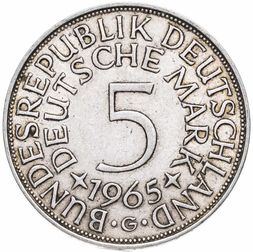 Германия 5 марок (deutsche mark) 1965 G  знак монетного двора: "G" - Карлсруэ