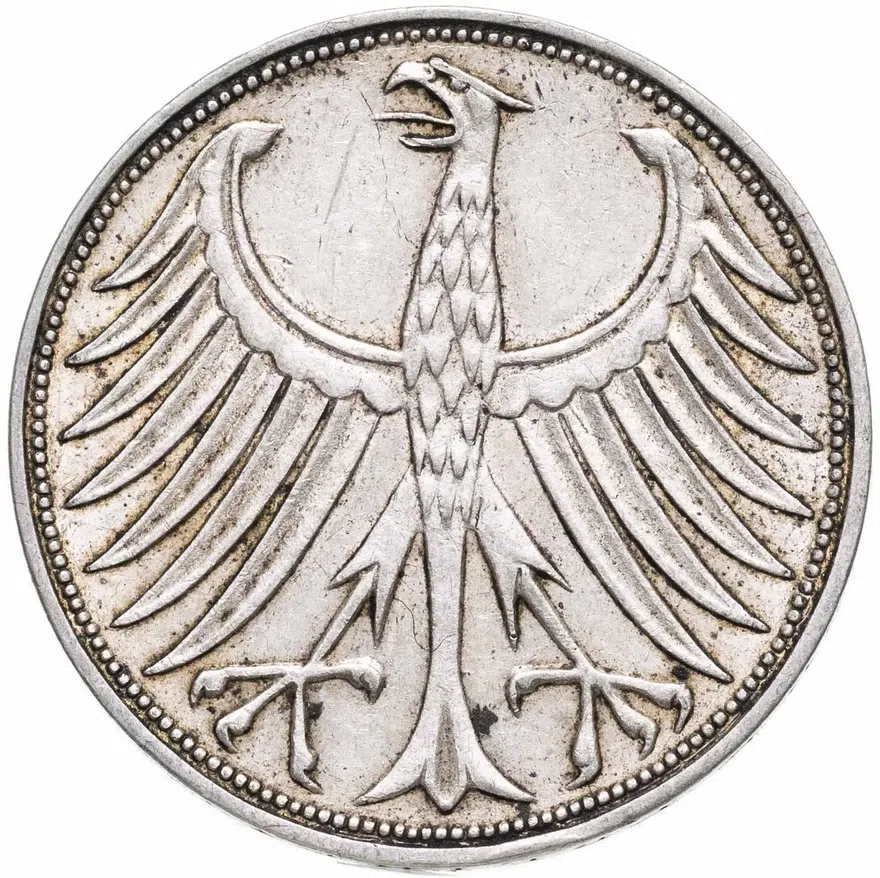 Германия 5 марок (deutsche mark) 1965 G  знак монетного двора: "G" - Карлсруэ, реверс
