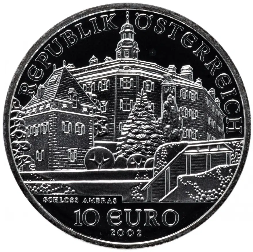 Австрия 10 евро (euro) 2002 "Замок Амбрас" в футляре с сертификатом