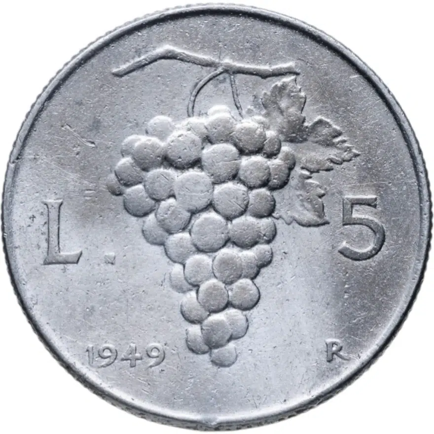 Италия 5 лир (lire) 1949, реверс