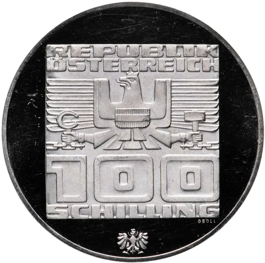 Австрия 100 шиллингов (shillings) 1975 "XII зимние Олимпийские Игры, Инсбрук 1976 - Лыжник" (знак монетного двора: "Орёл" - Халль-ин-Тироль), реверс