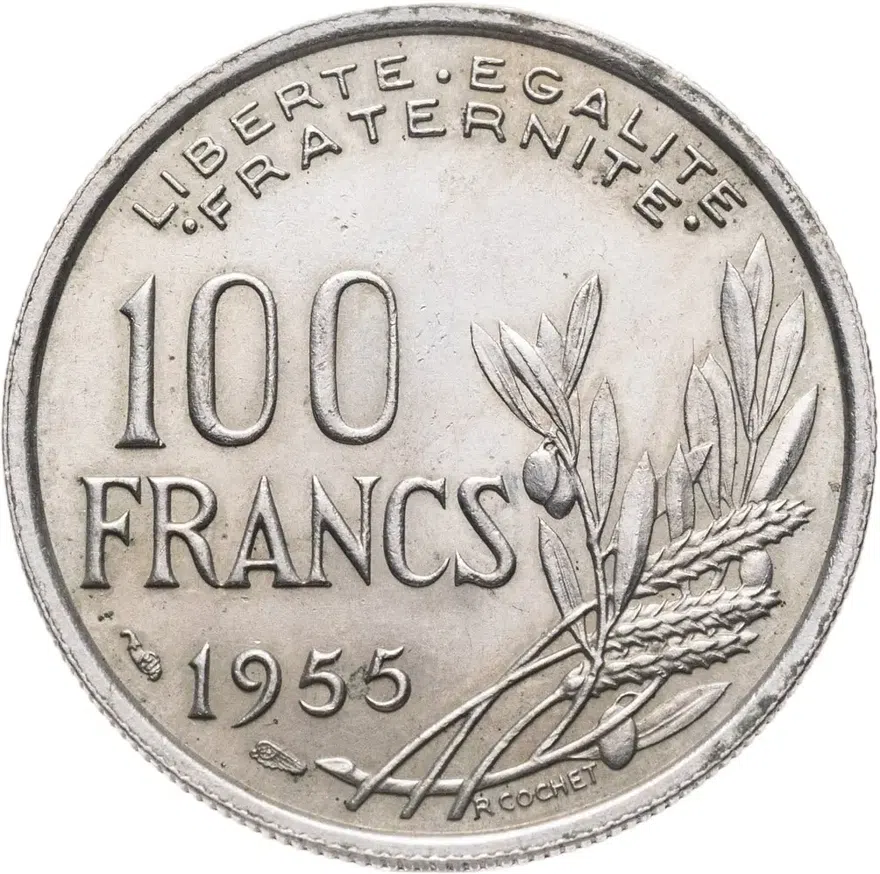 Франция 100 франков (francs) 1955   без обозначения монетного двора, реверс