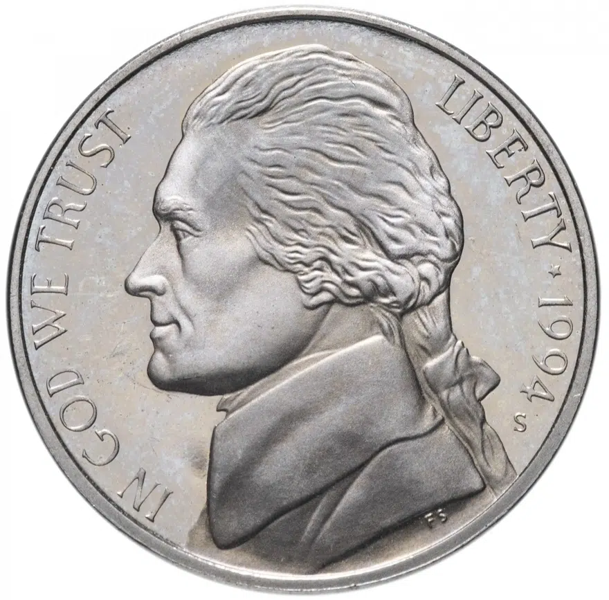США 5 центов (cents) 1994 S Jefferson Nickel (Джефферсон) знак монетного двора "S", аверс