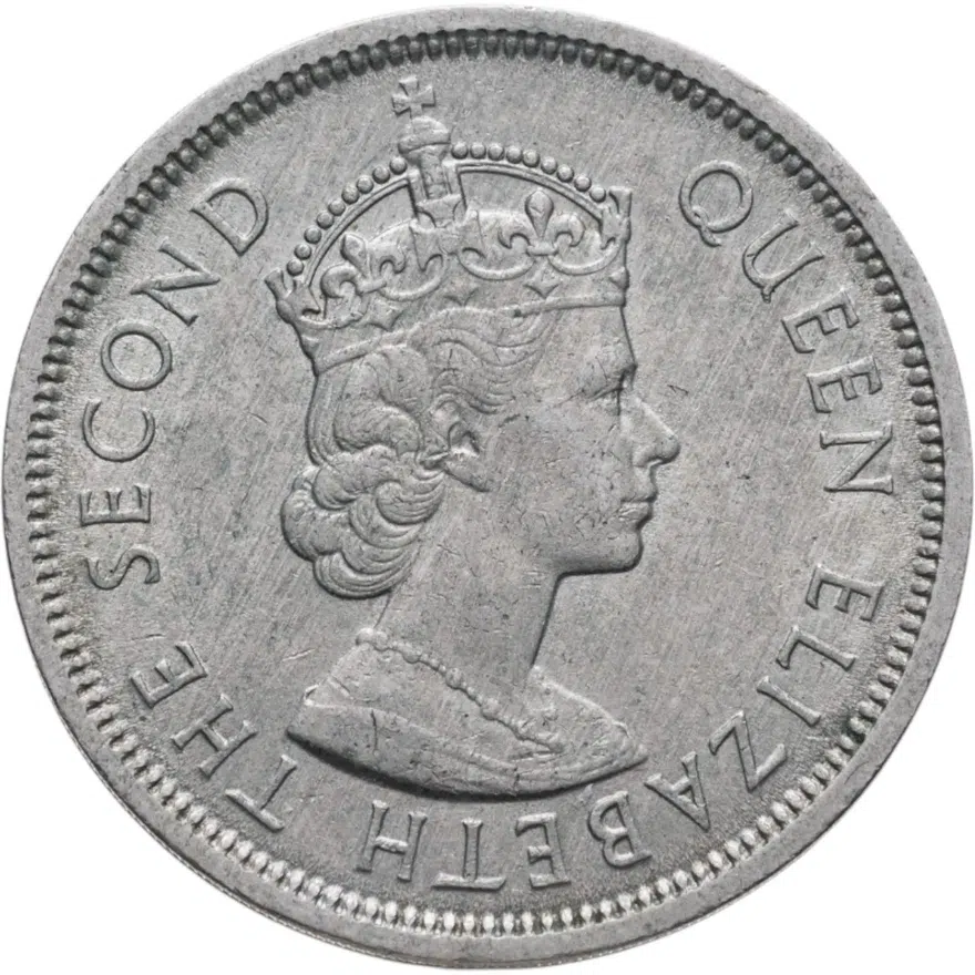 Гонконг 1 доллар (dollar) 1960 отметка монетного двора "KN" - Компания Кингс Нортон метал, Бирмингем (находится под буквами "LL" в надписи "DOLLAR")