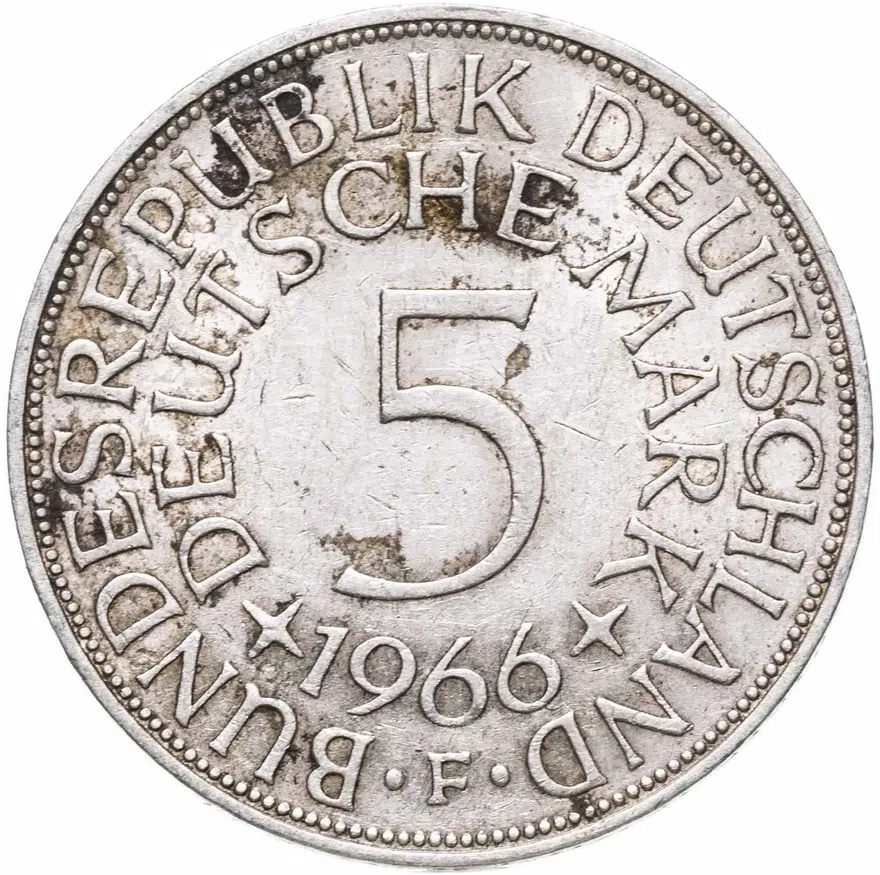 Германия 5 марок (deutsche mark) 1966 F  знак монетного двора: "F" - Штутгарт